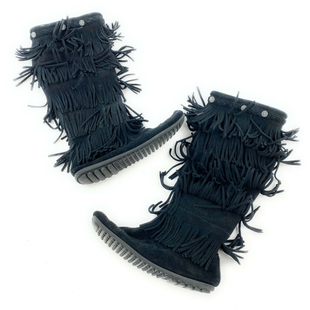 Minnetonka Black Leather Fringe Moccasin Boots 8